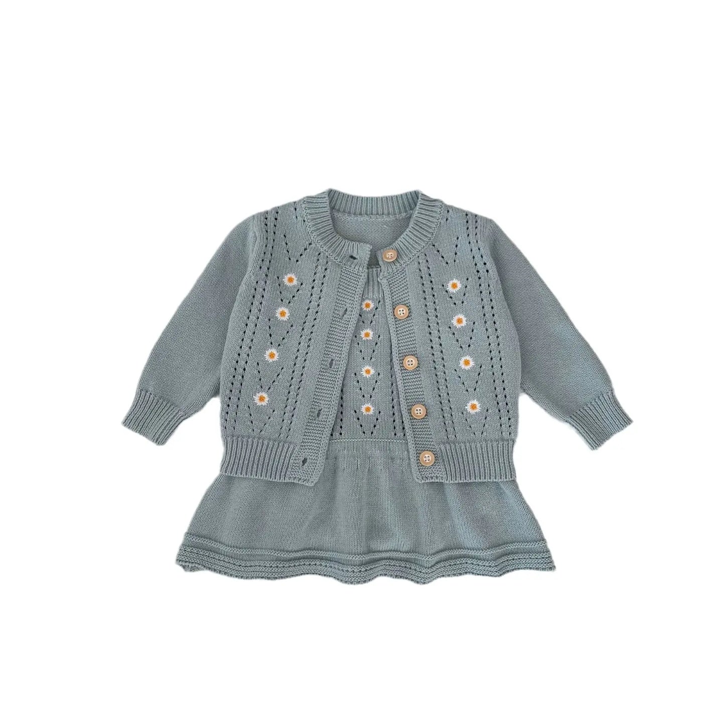 Set Vestito e Cardigan in Cotone con Ricamo Floreale