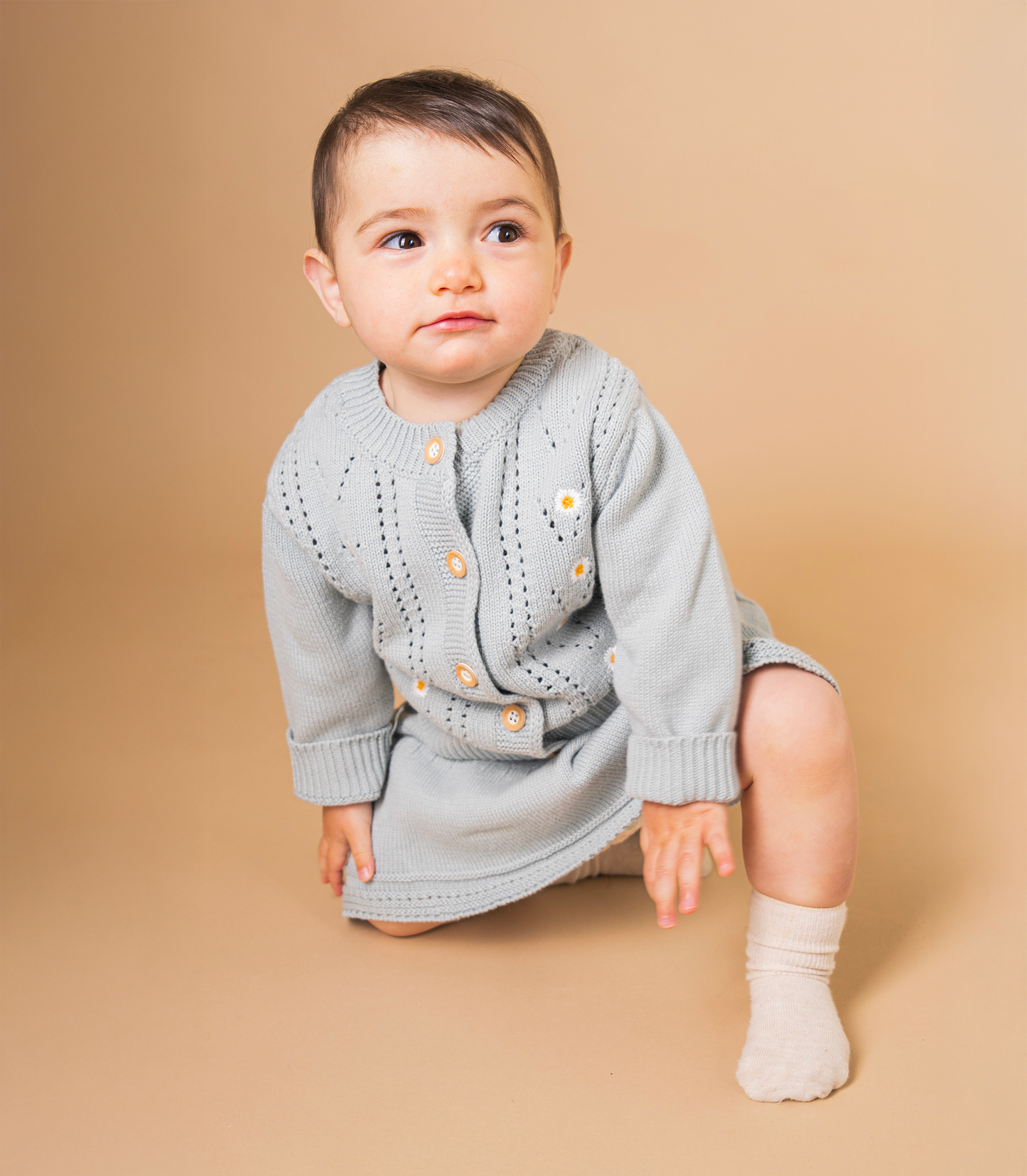 Set Vestito e Cardigan in Cotone con Ricamo Floreale